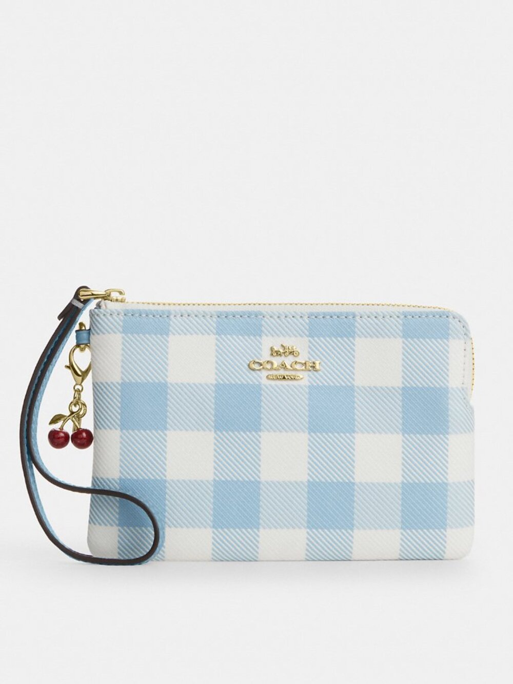Coach Corner Zip Wristlet With Gingham Print And Charm